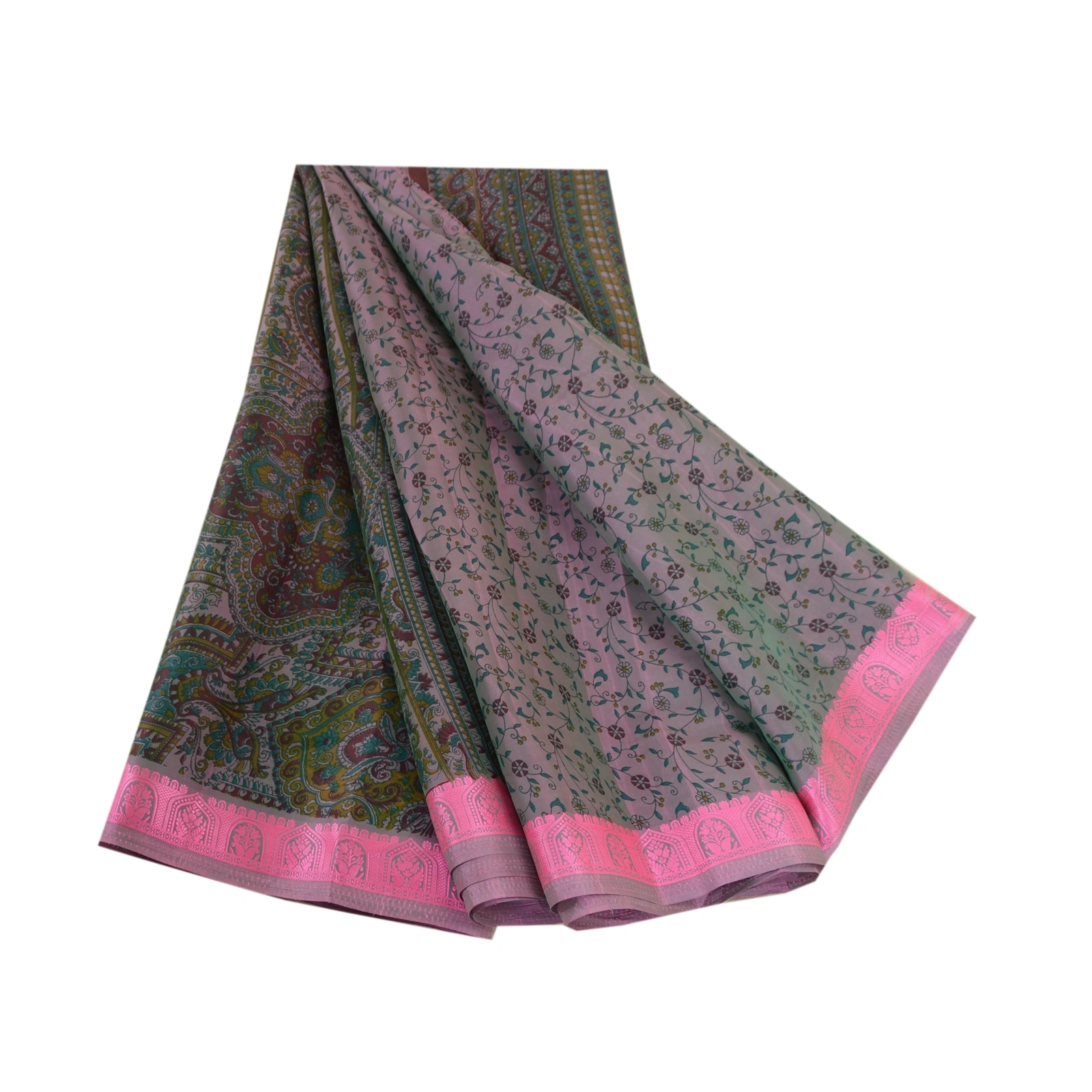 Sanskriti Vintage Sarees Pink Satin Printed Sari Floral Soft 5Yd Craft Fabric, PR-61742-Shades Of Pink-Poly Satin-7