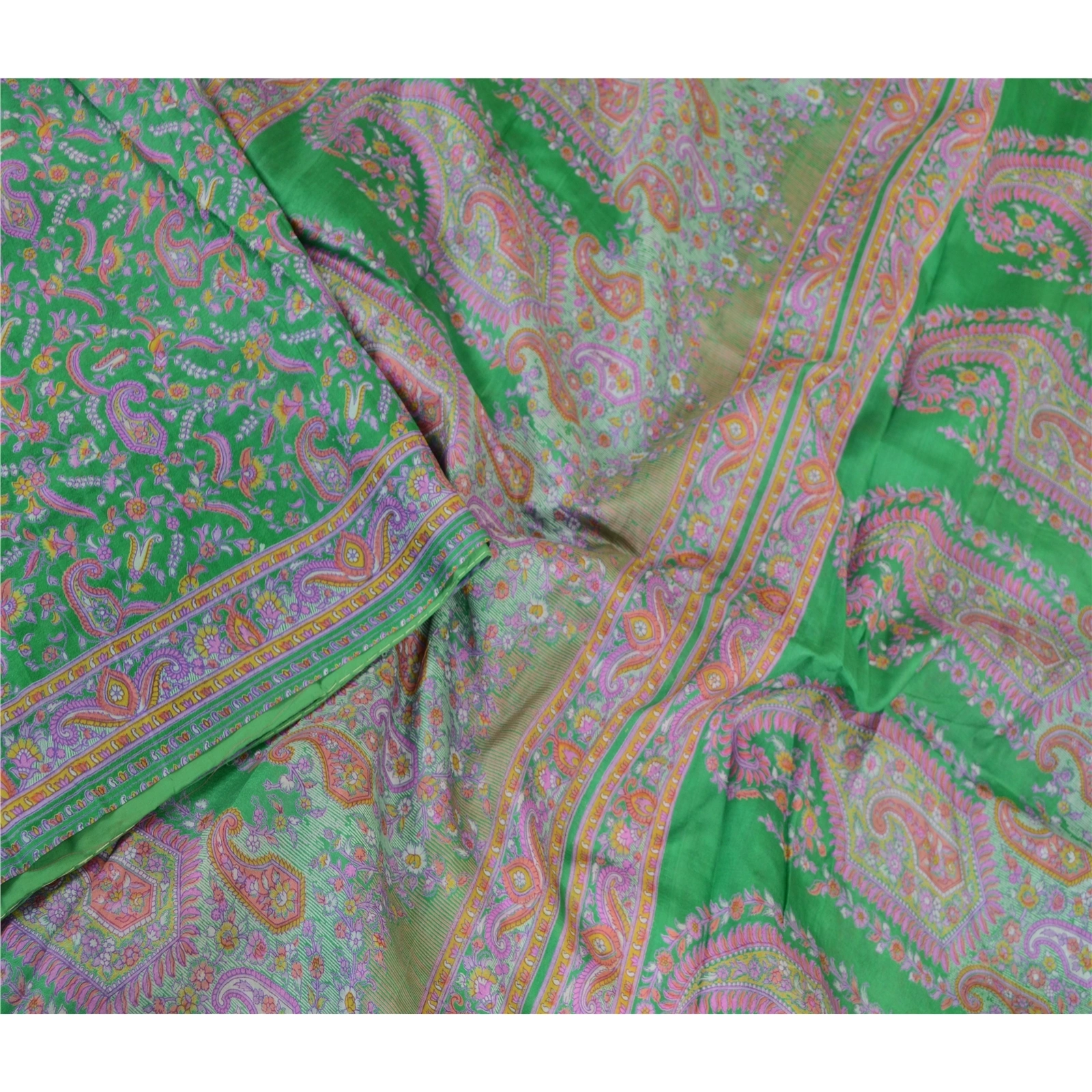 Sanskriti Vintage Sarees Indian Green 100% Pure Silk Printed Sari Craft Fabric, PR-61744-Green-Pure Silk-2