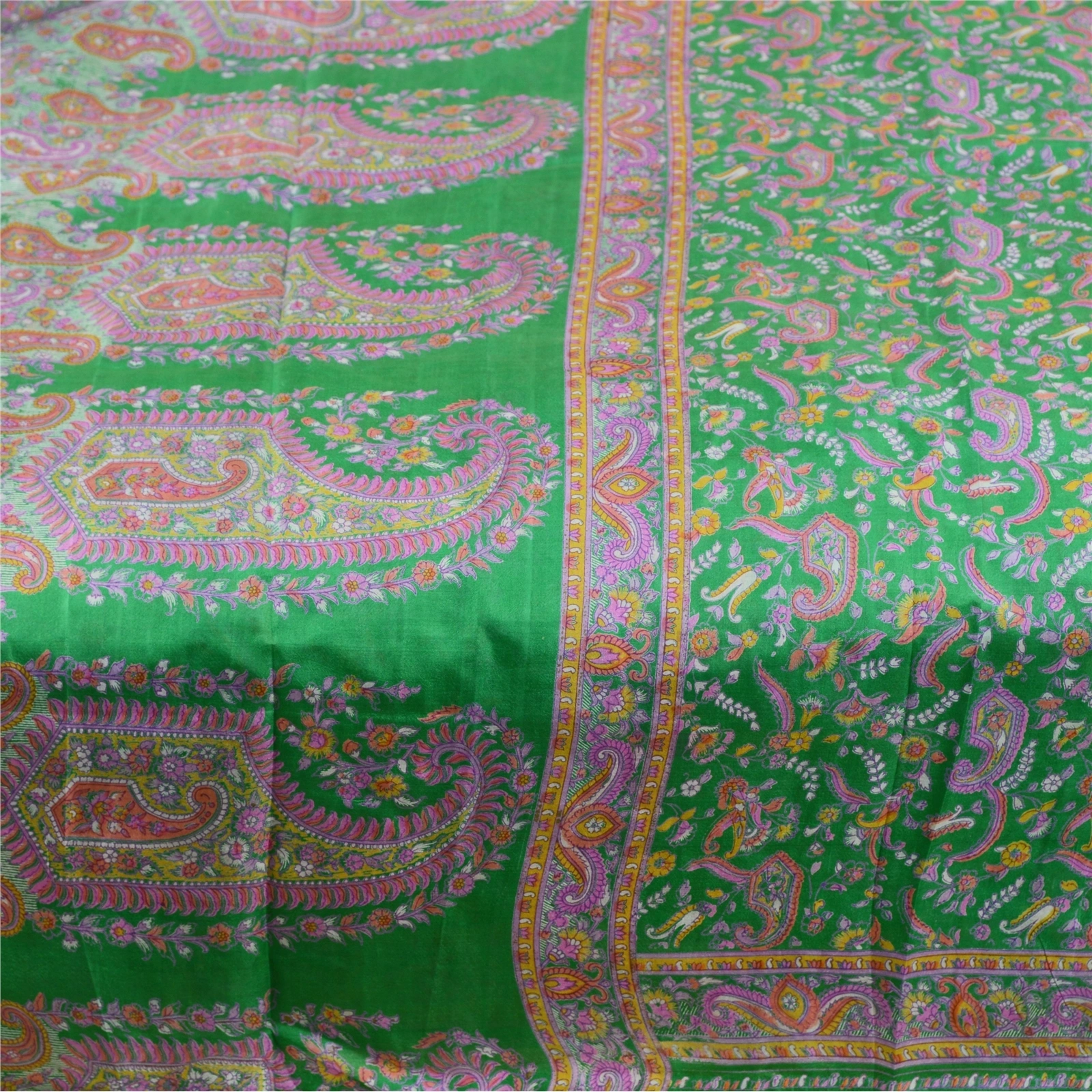 Sanskriti Vintage Sarees Indian Green 100% Pure Silk Printed Sari Craft Fabric, PR-61744-Green-Pure Silk-3