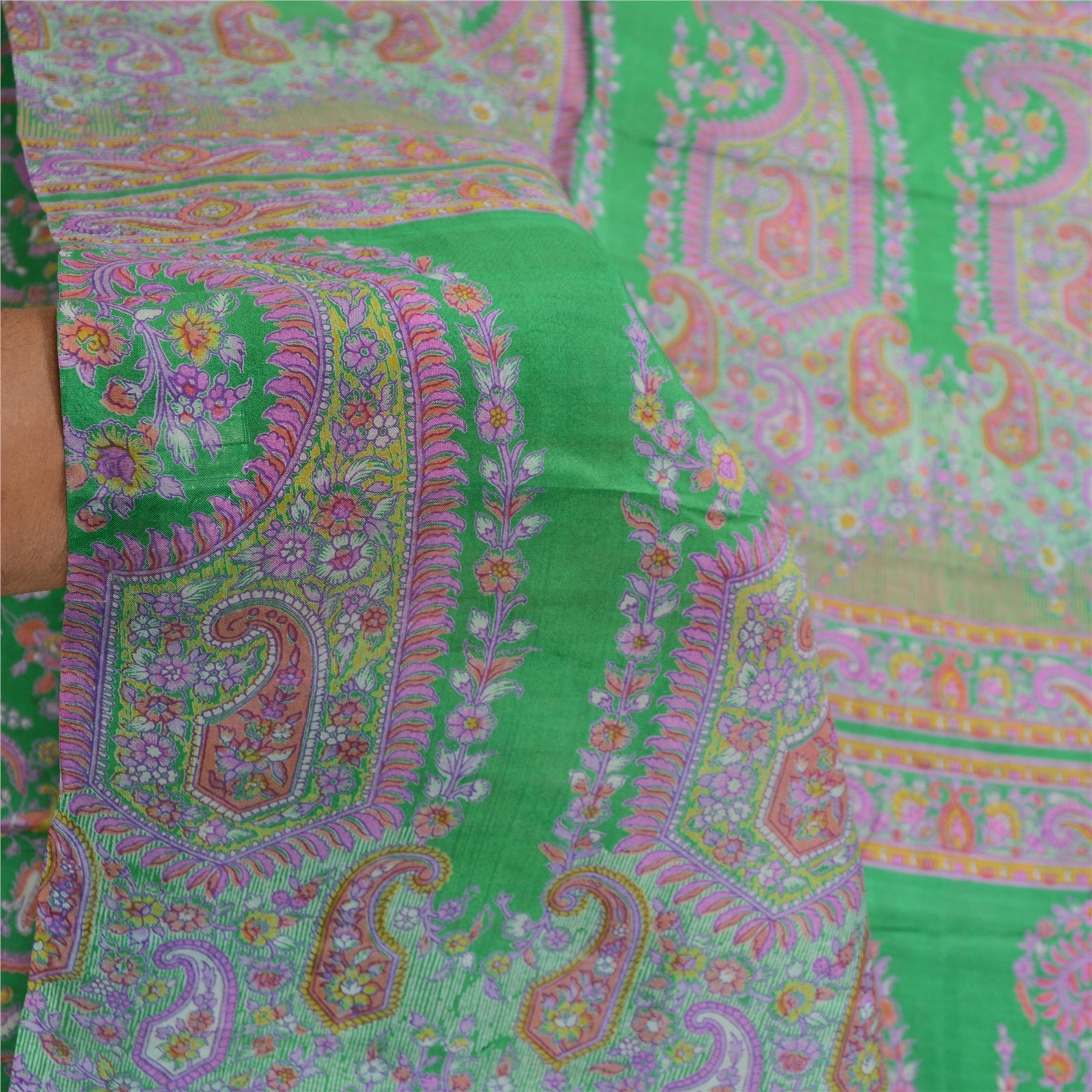 Sanskriti Vintage Sarees Indian Green 100% Pure Silk Printed Sari Craft Fabric, PR-61744-Green-Pure Silk-5