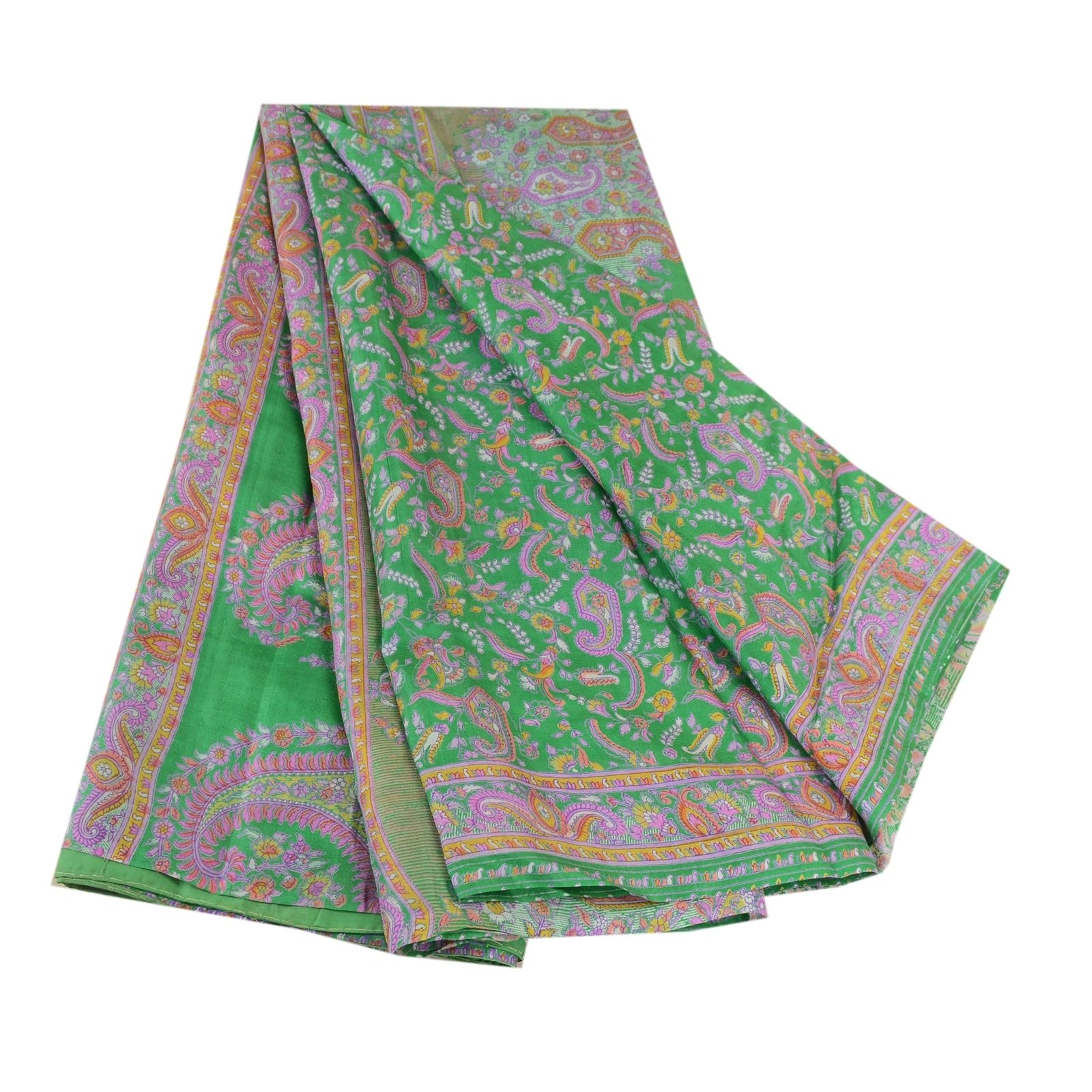 Sanskriti Vintage Sarees Indian Green 100% Pure Silk Printed Sari Craft Fabric, PR-61744-Green-Pure Silk-6