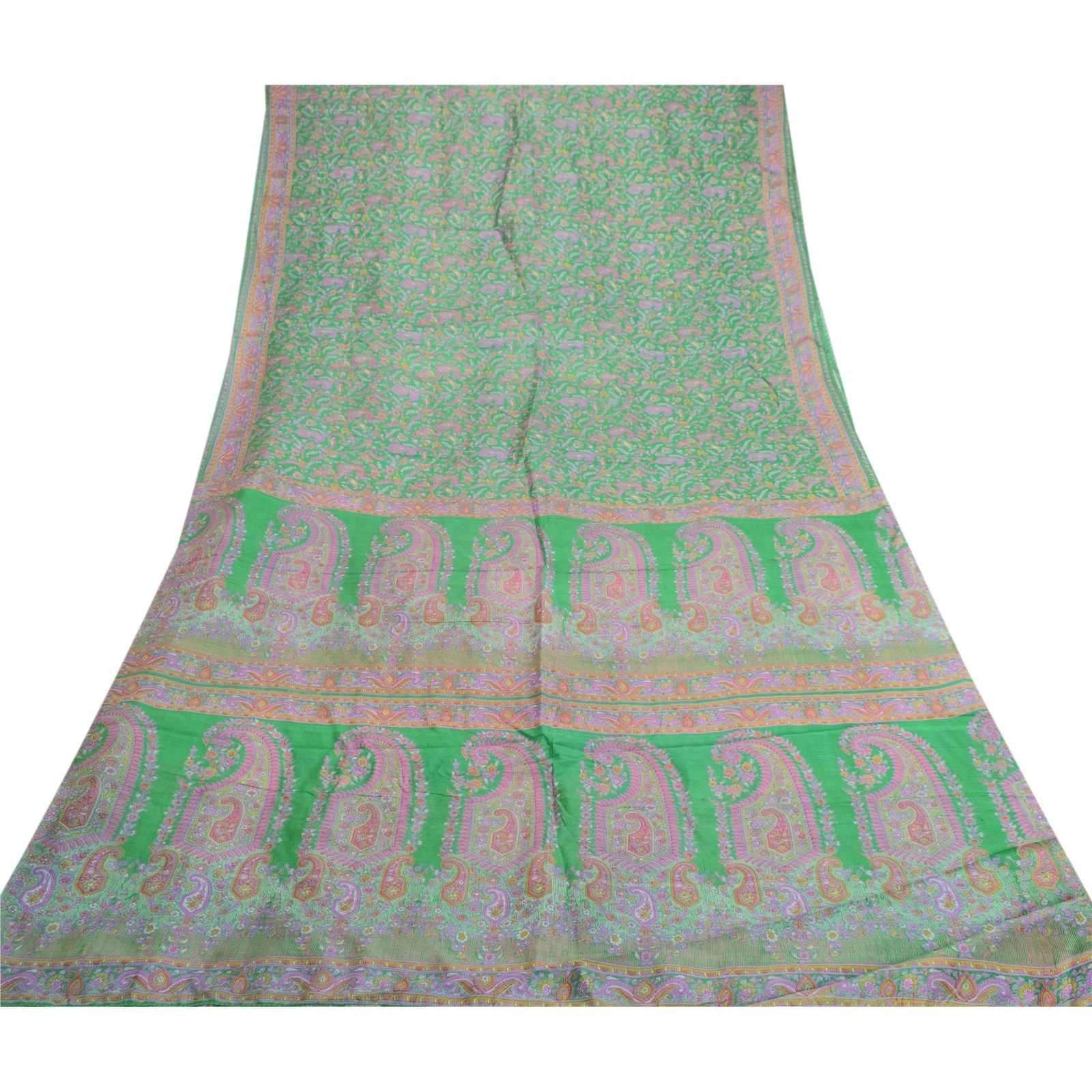 Sanskriti Vintage Sarees Indian Green 100% Pure Silk Printed Sari Craft Fabric, PR-61744-Green-Pure Silk-7