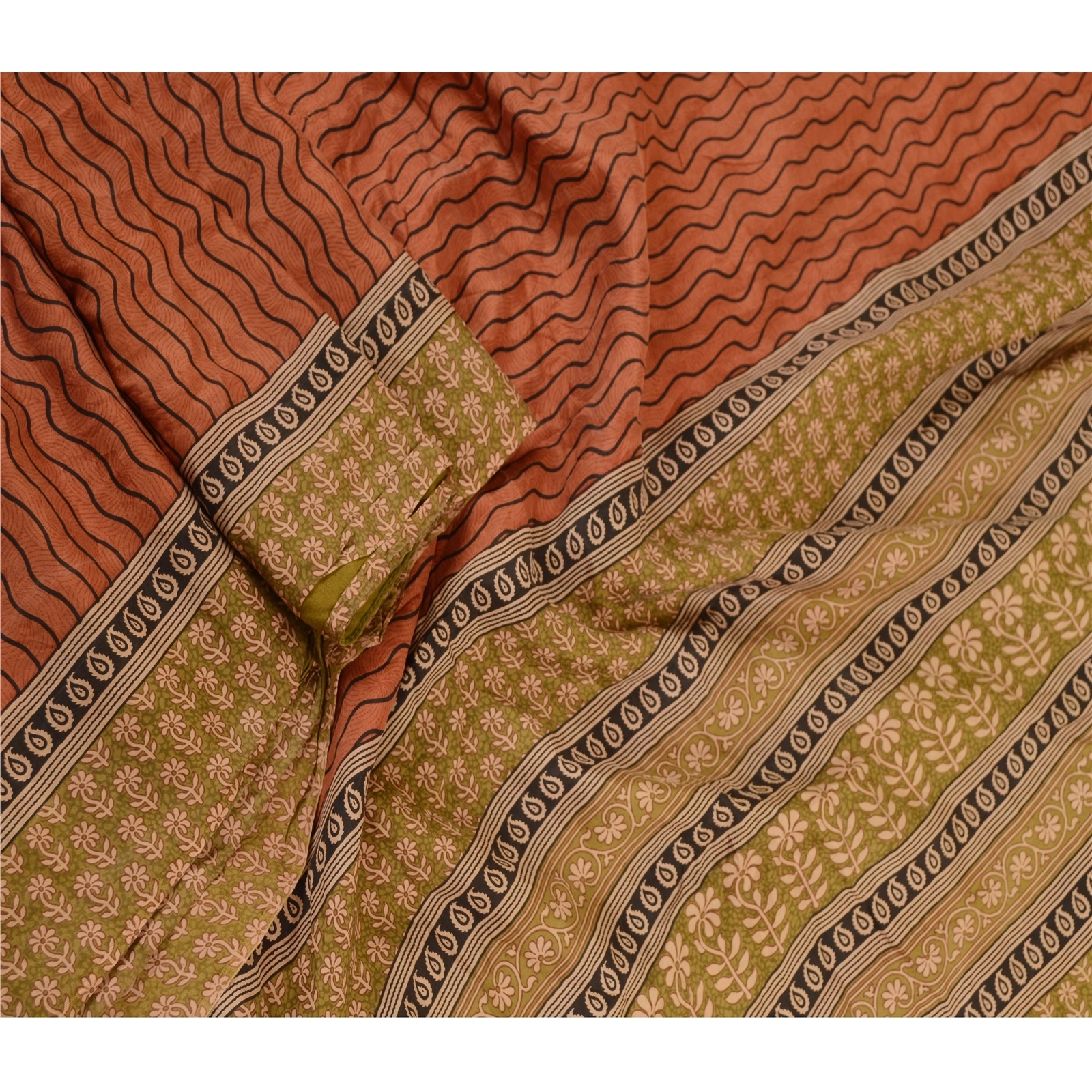 Sanskriti Vintage Sarees Orange Pure Silk Printed Sari Floral 5Yd Craft Fabric, PR-61761-Orange-Pure Silk-1