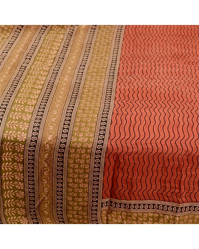 Sanskriti Vintage Sarees Orange Pure Silk Printed Sari Floral 5Yd Craft Fabric, PR-61761-Orange-Pure Silk-3