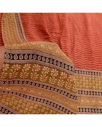 Sanskriti Vintage Sarees Orange Pure Silk Printed Sari Floral 5Yd Craft Fabric, PR-61761-Orange-Pure Silk-5
