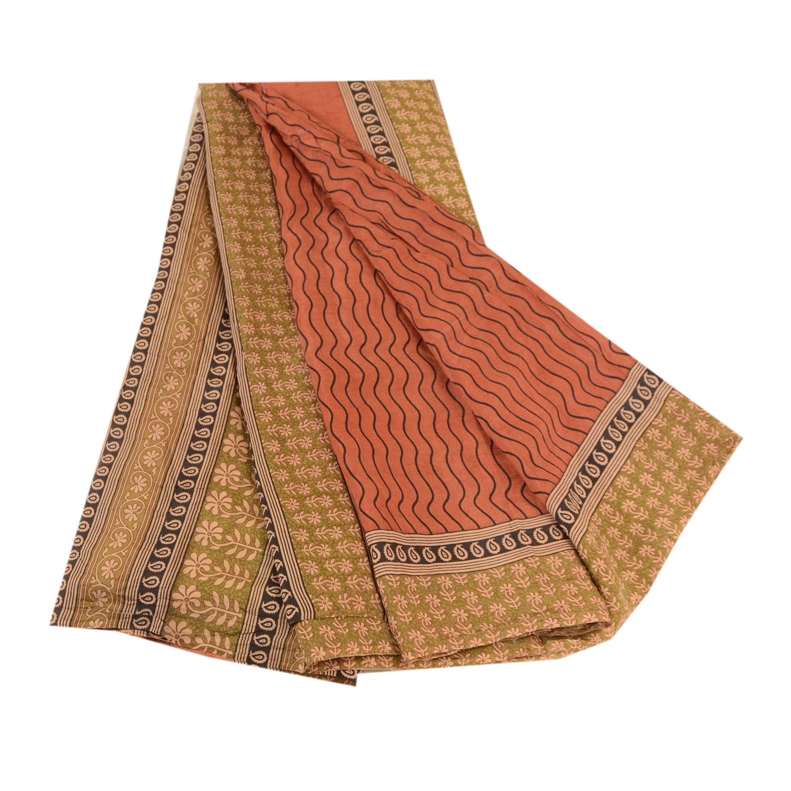 Sanskriti Vintage Sarees Orange Pure Silk Printed Sari Floral 5Yd Craft Fabric, PR-61761-Orange-Pure Silk-6