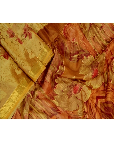 Sanskriti Vintage Sarees Green Pure Silk Printed Zari Border Sari Craft Fabric, PR-61763-Mustard Green-Pure Silk-1