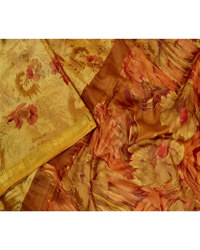 Sanskriti Vintage Sarees Green Pure Silk Printed Zari Border Sari Craft Fabric, PR-61763-Mustard Green-Pure Silk-2