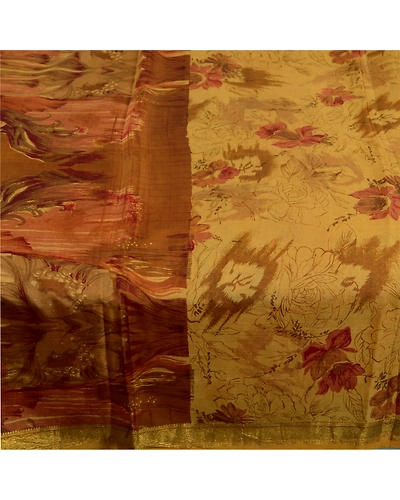 Sanskriti Vintage Sarees Green Pure Silk Printed Zari Border Sari Craft Fabric, PR-61763-Mustard Green-Pure Silk-3