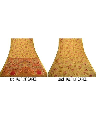 Sanskriti Vintage Sarees Green Pure Silk Printed Zari Border Sari Craft Fabric, PR-61763-Mustard Green-Pure Silk-4