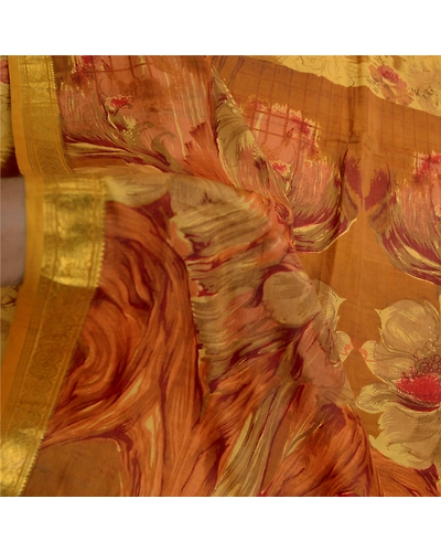 Sanskriti Vintage Sarees Green Pure Silk Printed Zari Border Sari Craft Fabric, PR-61763-Mustard Green-Pure Silk-5