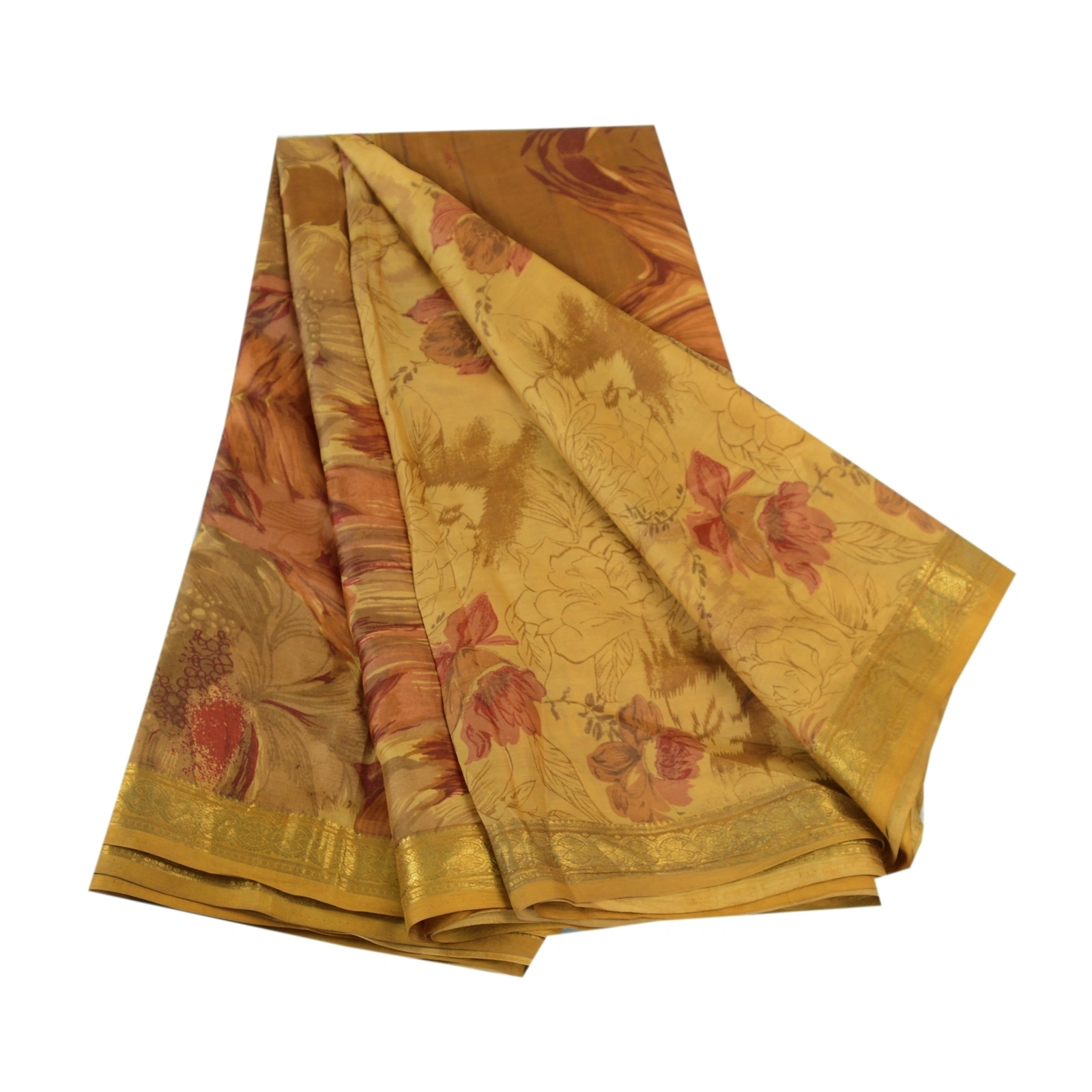 Sanskriti Vintage Sarees Green Pure Silk Printed Zari Border Sari Craft Fabric, PR-61763-Mustard Green-Pure Silk-6