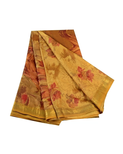 Sanskriti Vintage Sarees Green Pure Silk Printed Zari Border Sari Craft Fabric, PR-61763-Mustard Green-Pure Silk-6