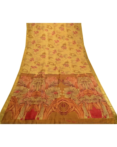 Sanskriti Vintage Sarees Green Pure Silk Printed Zari Border Sari Craft Fabric, PR-61763-Mustard Green-Pure Silk-7