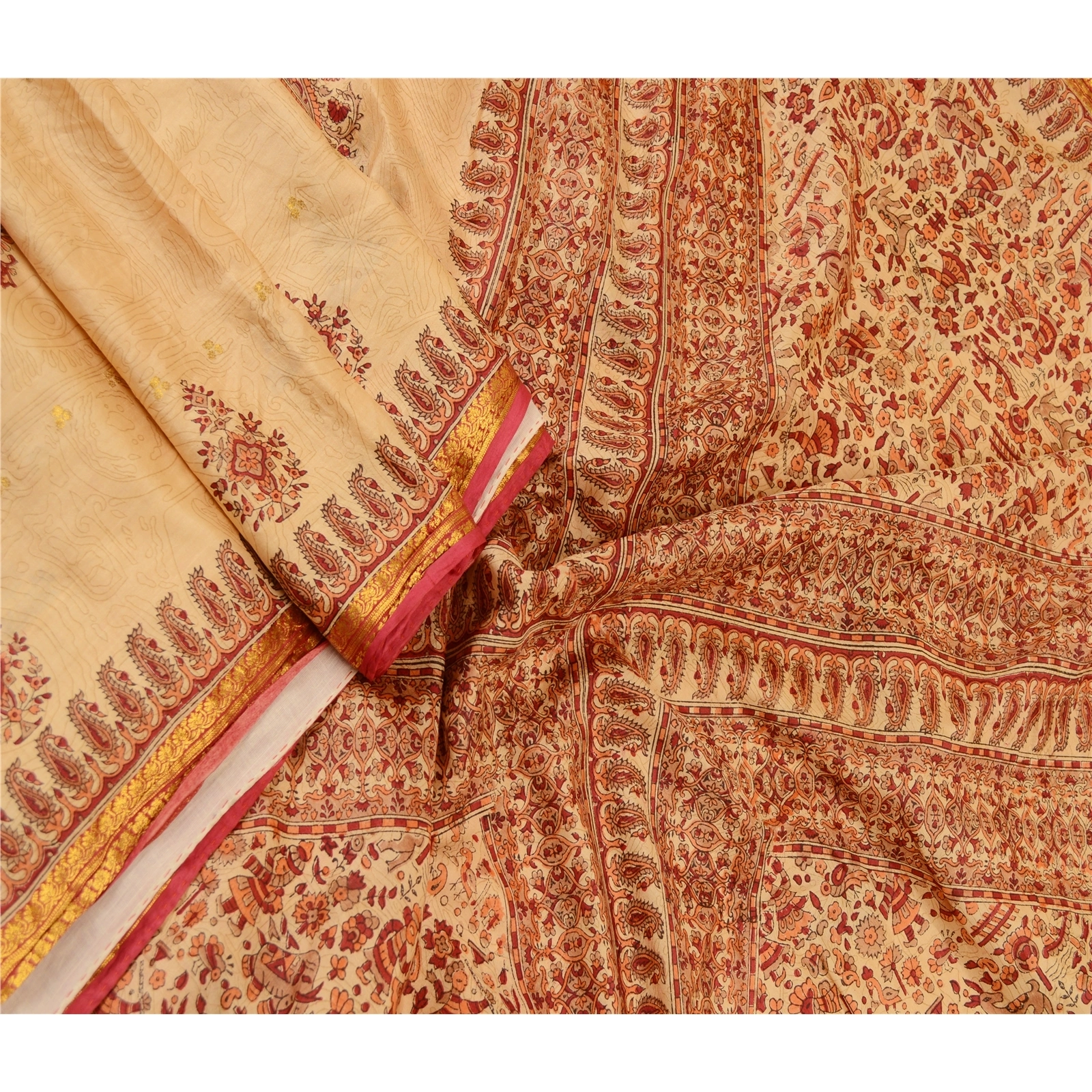 Sanskriti Vintage Sarees Beige Pure Silk Printed Zari Border Sari Craft Fabric, PR-61775-Beige-Pure Silk-1