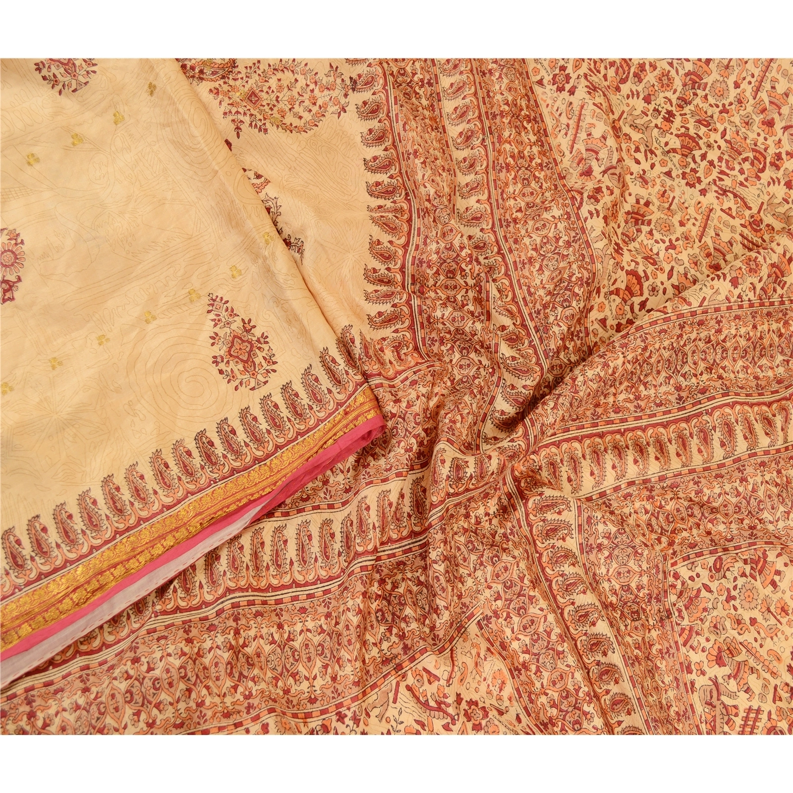 Sanskriti Vintage Sarees Beige Pure Silk Printed Zari Border Sari Craft Fabric, PR-61775-Beige-Pure Silk-2