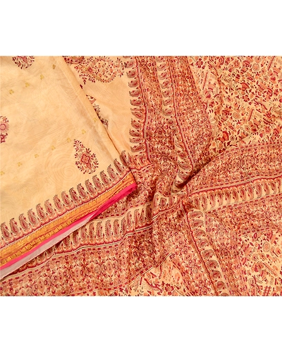 Sanskriti Vintage Sarees Beige Pure Silk Printed Zari Border Sari Craft Fabric, PR-61775-Beige-Pure Silk-2