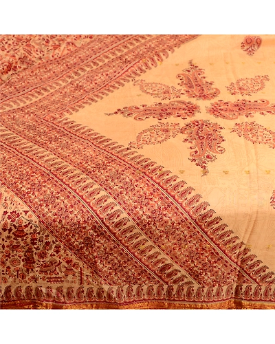 Sanskriti Vintage Sarees Beige Pure Silk Printed Zari Border Sari Craft Fabric, PR-61775-Beige-Pure Silk-3
