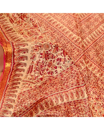 Sanskriti Vintage Sarees Beige Pure Silk Printed Zari Border Sari Craft Fabric, PR-61775-Beige-Pure Silk-5