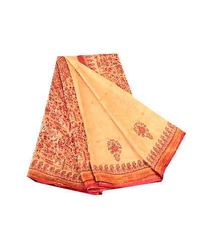 Sanskriti Vintage Sarees Beige Pure Silk Printed Zari Border Sari Craft Fabric, PR-61775-Beige-Pure Silk-6