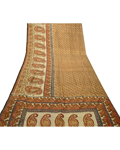 Sanskriti Vintage Sarees Brown Indian Pure Silk Printed Sari Floral Craft Fabric, PR-61780-Brown-Pure Silk-7