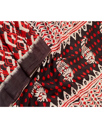Sanskriti Vintage Red Indian Sarees Blend Silk Batik Printed Sari Craft Fabric, PR-61800-Red &amp; Ivory-100% Pure Silk-2