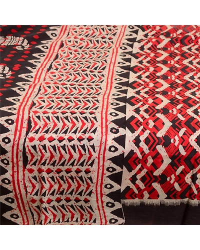 Sanskriti Vintage Red Indian Sarees Blend Silk Batik Printed Sari Craft Fabric, PR-61800-Red &amp; Ivory-100% Pure Silk-3