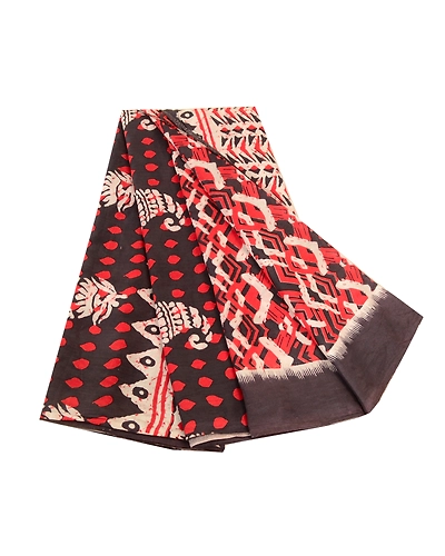 Sanskriti Vintage Red Indian Sarees Blend Silk Batik Printed Sari Craft Fabric, PR-61800-Red &amp; Ivory-100% Pure Silk-6