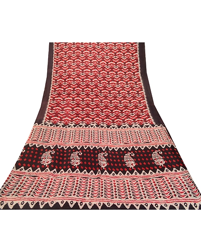 Sanskriti Vintage Red Indian Sarees Blend Silk Batik Printed Sari Craft Fabric, PR-61800-Red &amp; Ivory-100% Pure Silk-7