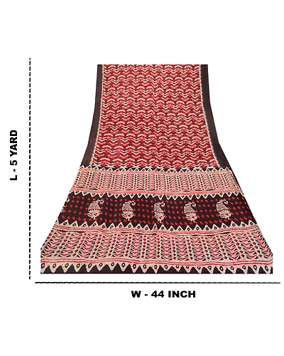 Sanskriti Vintage Red Indian Sarees Blend Silk Batik Printed Sari Craft Fabric, PR-61800-Red &amp; Ivory-100% Pure Silk-9