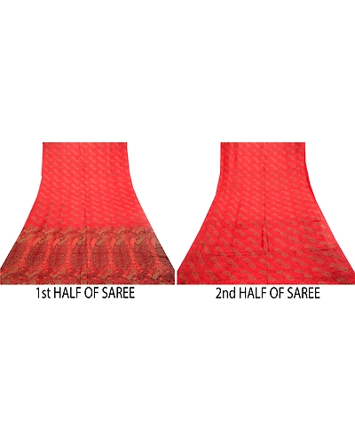 Sanskriti Vintage Sarees From India Red Pure Silk Printed Sari Soft Craft Fabric, PR-61822-Red-Pure Silk-4
