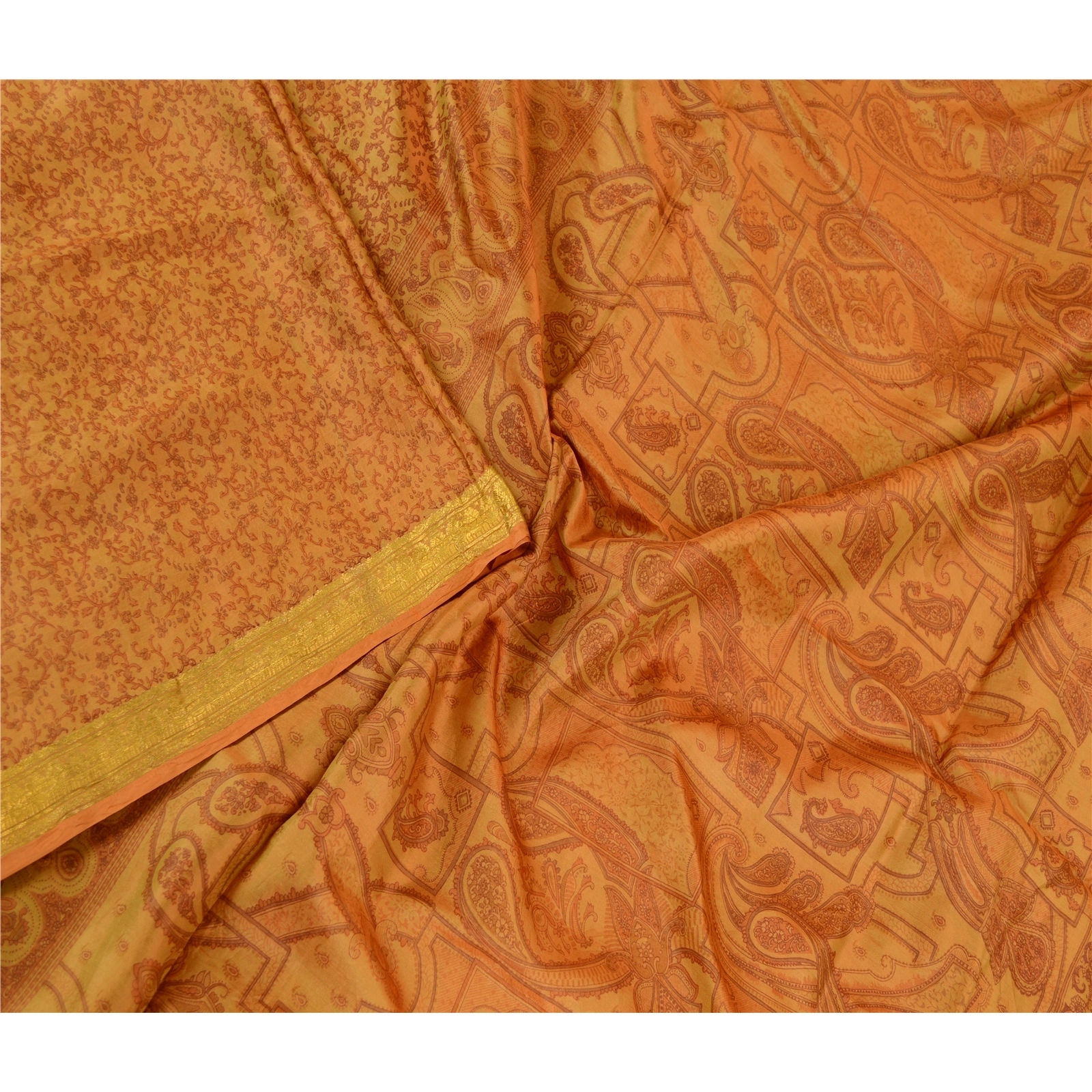 Sanskriti Vintage Sarees Henna Green Pure Silk Printed Zari Border Sari Fabric, PR-61829-Henna Green-Pure Silk-1