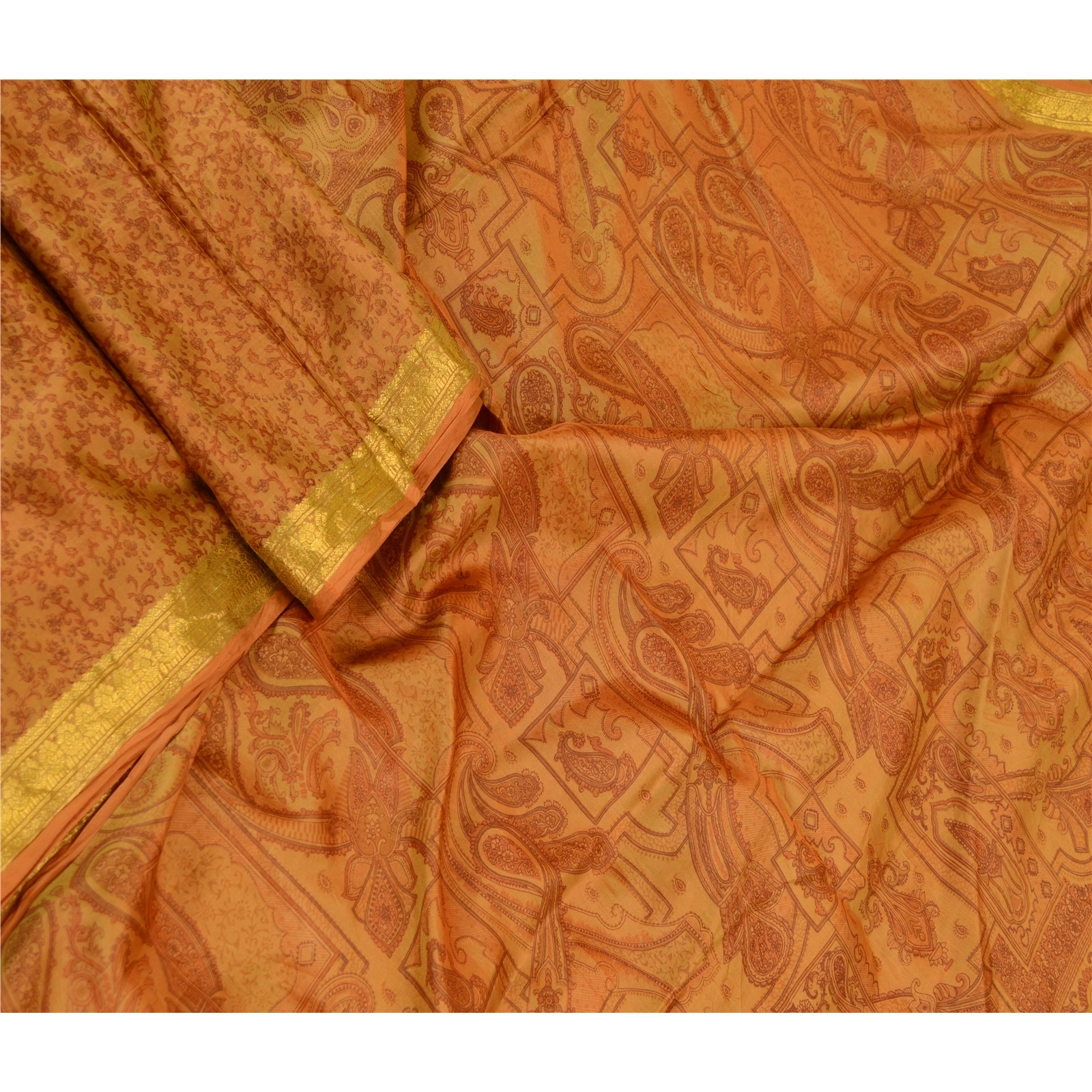 Sanskriti Vintage Sarees Henna Green Pure Silk Printed Zari Border Sari Fabric, PR-61829-Henna Green-Pure Silk-2