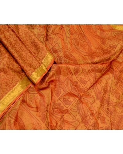 Sanskriti Vintage Sarees Henna Green Pure Silk Printed Zari Border Sari Fabric, PR-61829-Henna Green-Pure Silk-2
