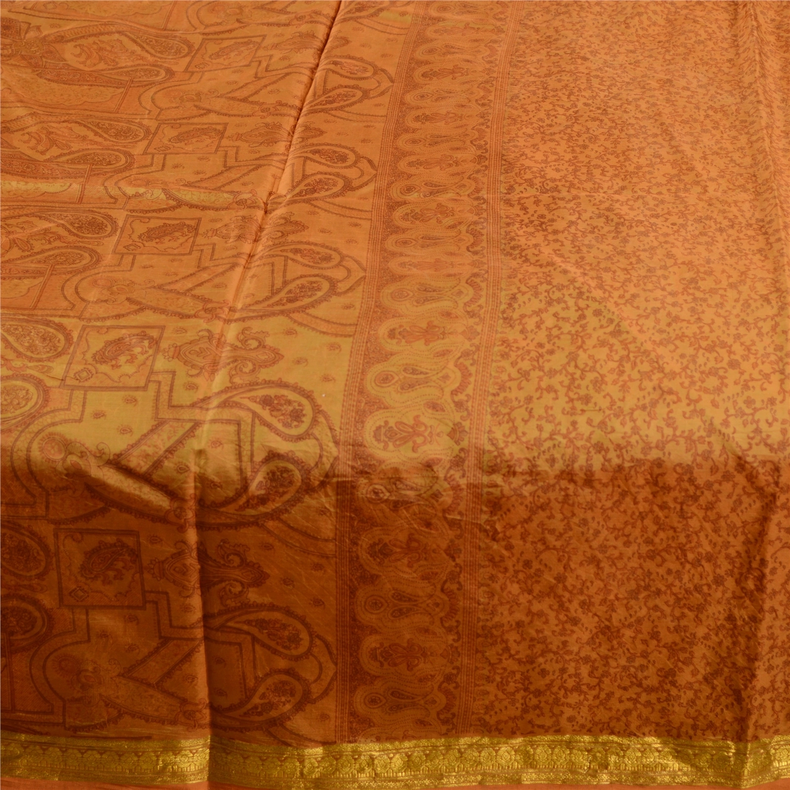 Sanskriti Vintage Sarees Henna Green Pure Silk Printed Zari Border Sari Fabric, PR-61829-Henna Green-Pure Silk-3