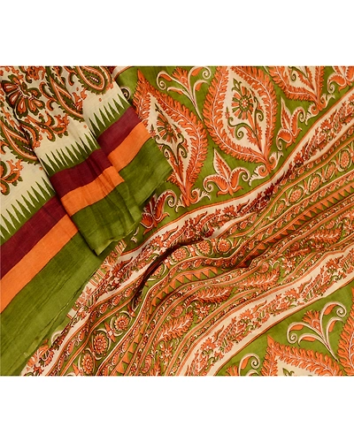 Sanskriti Vintage Sarees Orange Pure Silk Printed Sari Floral 5Yd Craft Fabric, PR-61860-Orange-Pure Silk-1