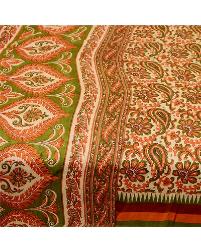 Sanskriti Vintage Sarees Orange Pure Silk Printed Sari Floral 5Yd Craft Fabric, PR-61860-Orange-Pure Silk-3
