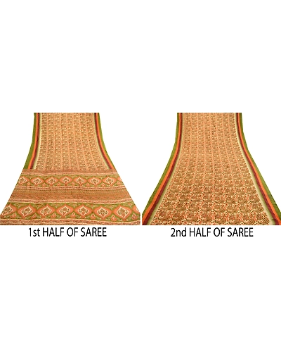 Sanskriti Vintage Sarees Orange Pure Silk Printed Sari Floral 5Yd Craft Fabric, PR-61860-Orange-Pure Silk-4