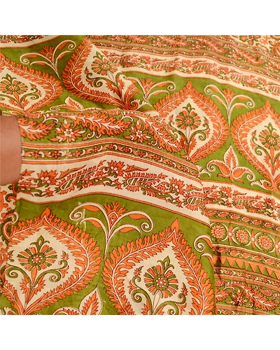 Sanskriti Vintage Sarees Orange Pure Silk Printed Sari Floral 5Yd Craft Fabric, PR-61860-Orange-Pure Silk-5