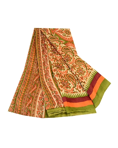 Sanskriti Vintage Sarees Orange Pure Silk Printed Sari Floral 5Yd Craft Fabric, PR-61860-Orange-Pure Silk-6