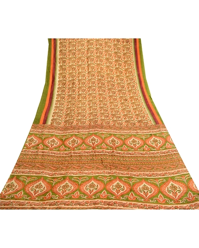 Sanskriti Vintage Sarees Orange Pure Silk Printed Sari Floral 5Yd Craft Fabric, PR-61860-Orange-Pure Silk-7