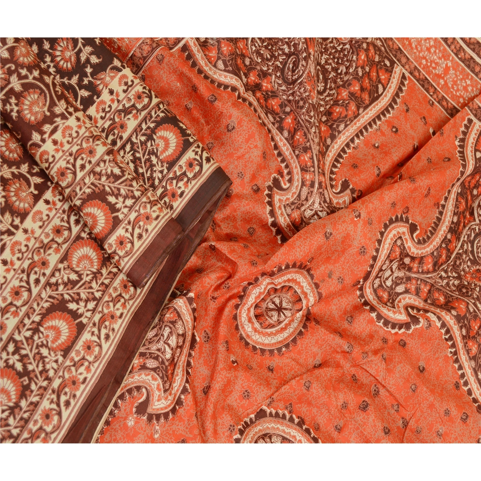 Sanskriti Vintage Sarees From India Brown Pure Silk Printed Sari Craft Fabric, PR-61865-Brown-Pure Silk-1