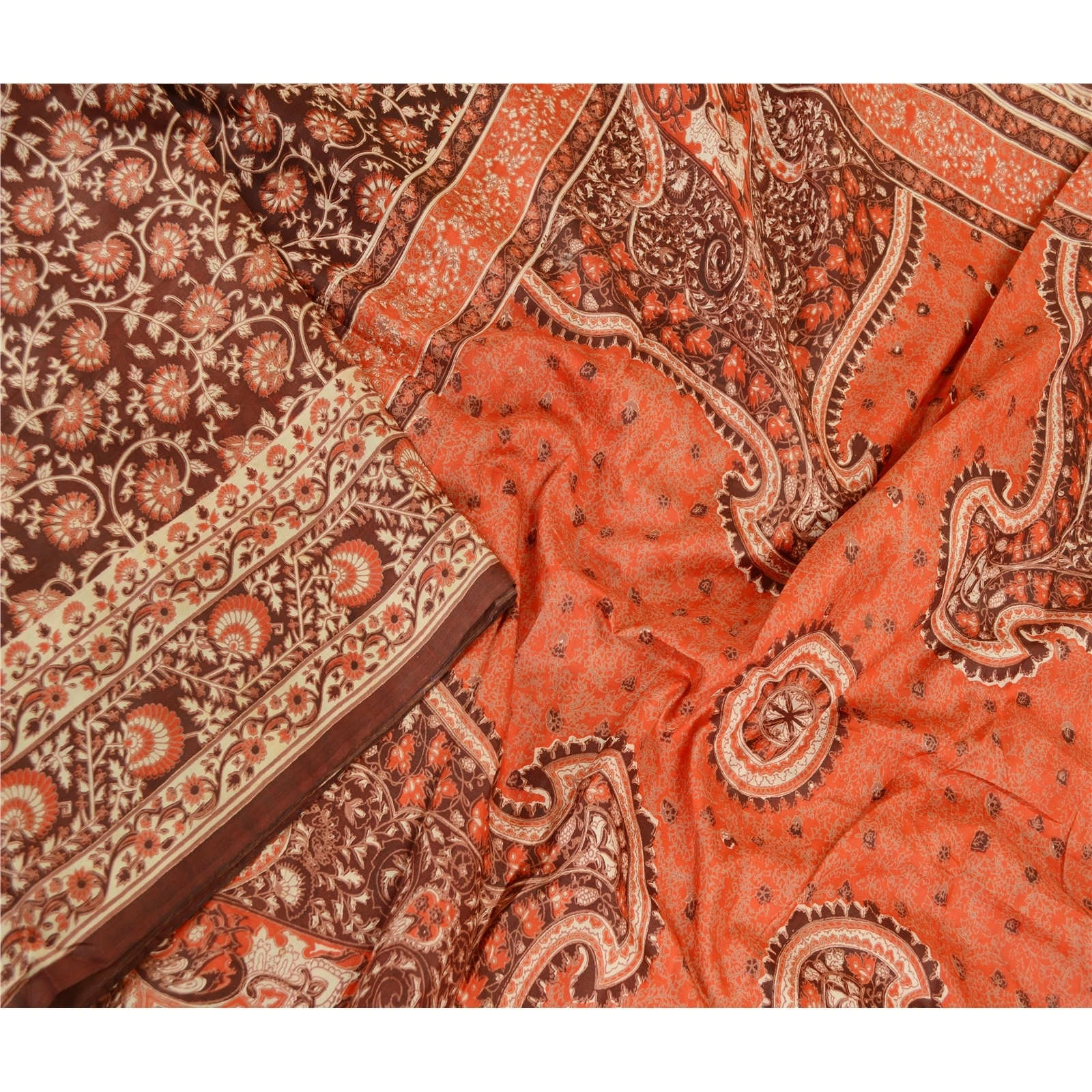 Sanskriti Vintage Sarees From India Brown Pure Silk Printed Sari Craft Fabric, PR-61865-Brown-Pure Silk-2