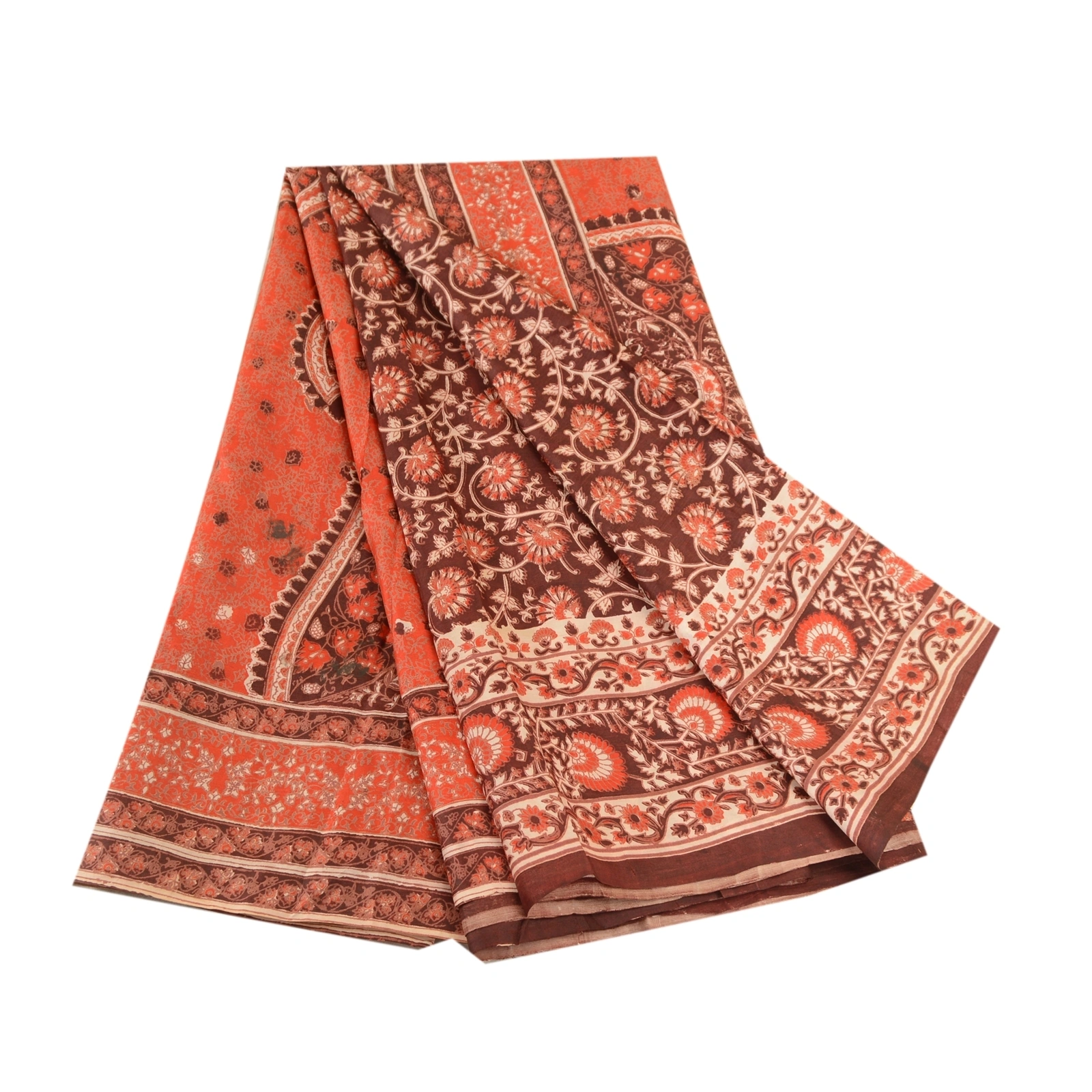 Sanskriti Vintage Sarees From India Brown Pure Silk Printed Sari Craft Fabric, PR-61865-Brown-Pure Silk-6