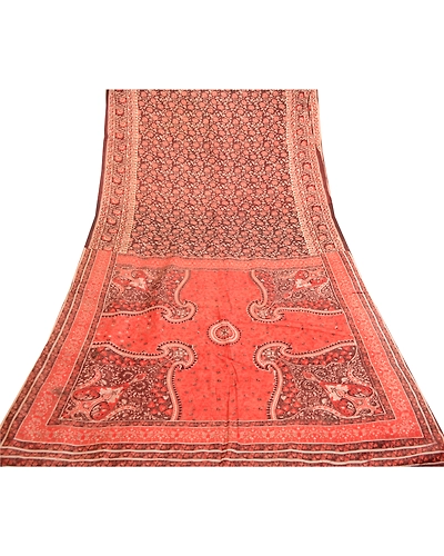 Sanskriti Vintage Sarees From India Brown Pure Silk Printed Sari Craft Fabric, PR-61865-Brown-Pure Silk-7