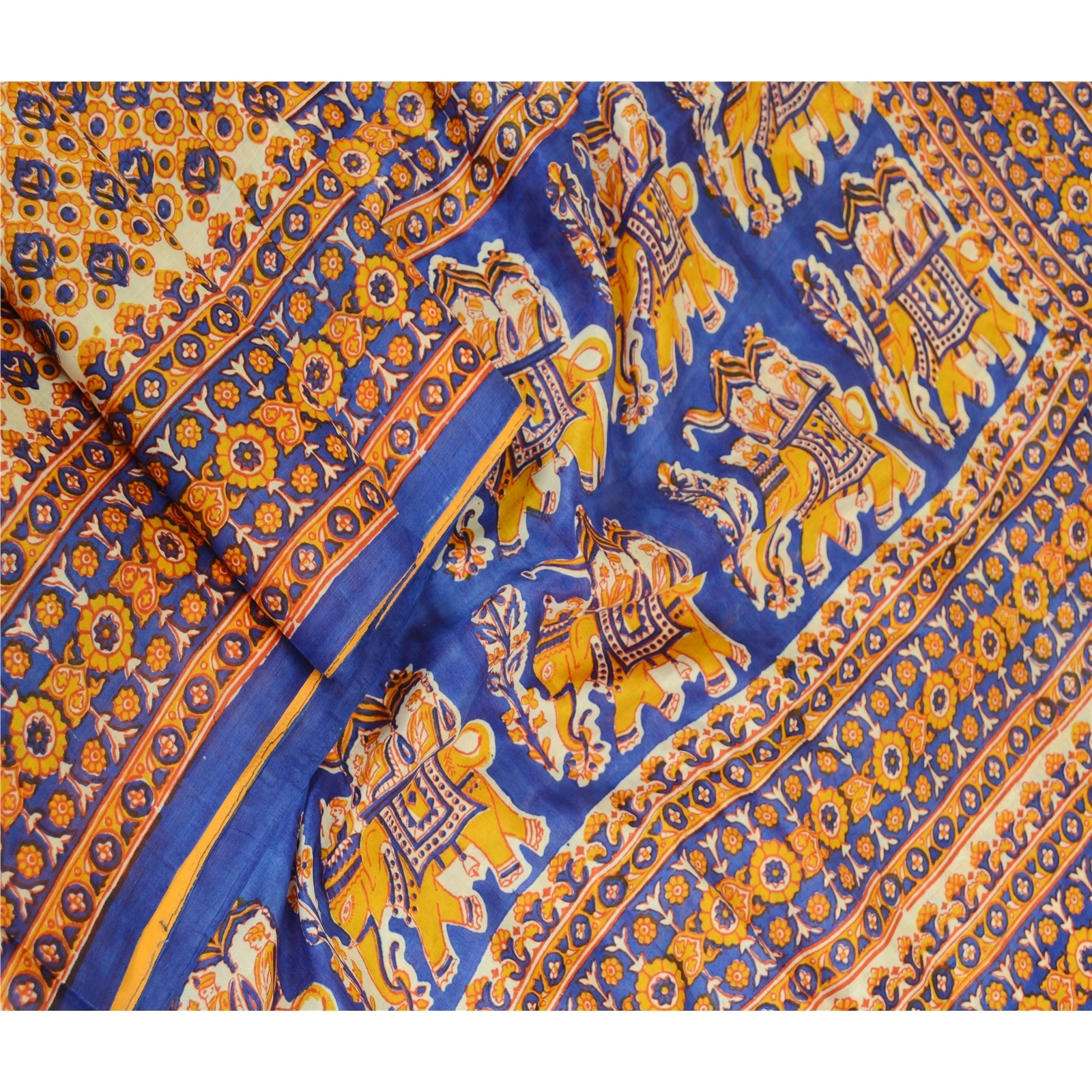 Sanskriti Vintage Sarees Yellow 100% Pure Silk Printed Sari Floral Craft Fabric, PR-61873-Yellow-Pure Silk-1