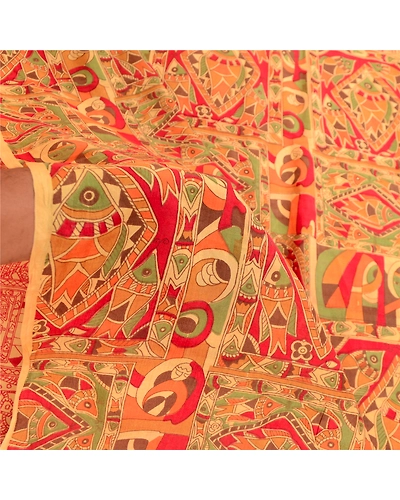 Sanskriti Vintage Sarees Yellow Women Fish Printed Pure Silk Sari Craft Fabric, PR-61878-Yellow-Pure Silk-5