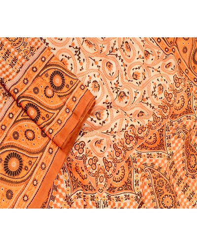 Sanskriti Vintage Sarees Indian Orange Pure Silk Printed Sari 5Yd Craft Fabric, PR-61884-Orange-Pure Silk-1