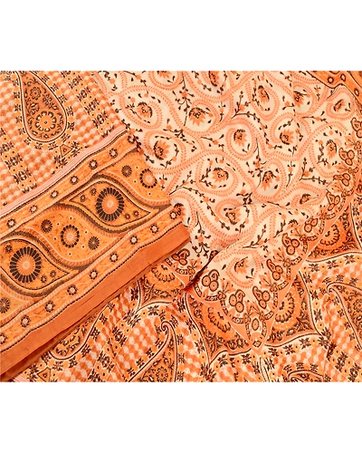 Sanskriti Vintage Sarees Indian Orange Pure Silk Printed Sari 5Yd Craft Fabric, PR-61884-Orange-Pure Silk-2