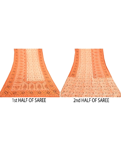 Sanskriti Vintage Sarees Indian Orange Pure Silk Printed Sari 5Yd Craft Fabric, PR-61884-Orange-Pure Silk-4